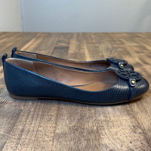 Tory Burch Ballet Flat Mini Miller Logo Leather Matte Micro Tejus Blue Size 9.5 - Picture 4 of 10